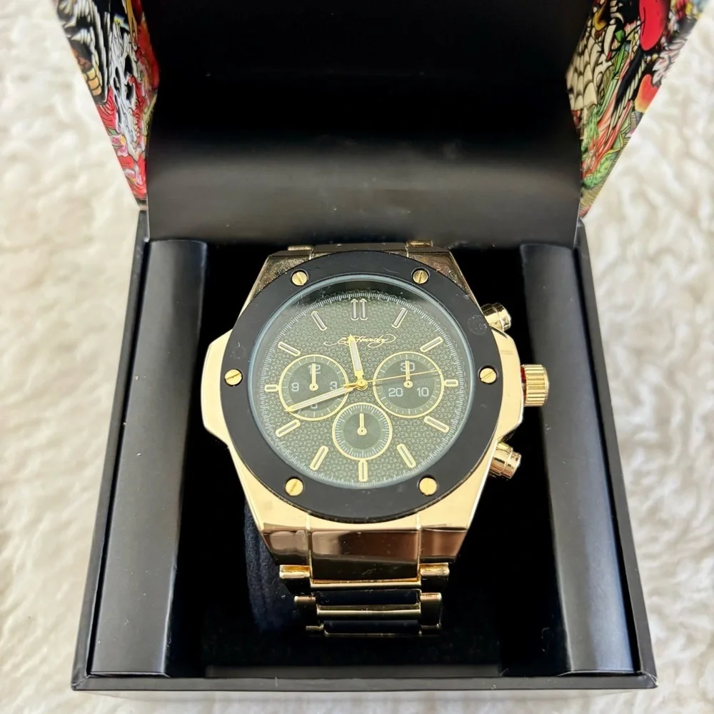 Ed Hardy Gold/Black belt Men's Chronograph Green Dial Black bezel Watch in box